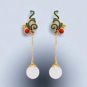 ENAMEL, CARNELIAN AND JADE DANGLE EARRINGS